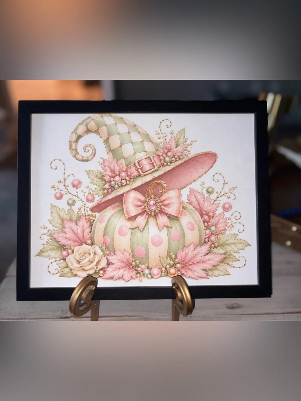 Iconic Checkered Whimsical Pastel Pumpkin Framed 8x10 Art Print - Pink & Mint